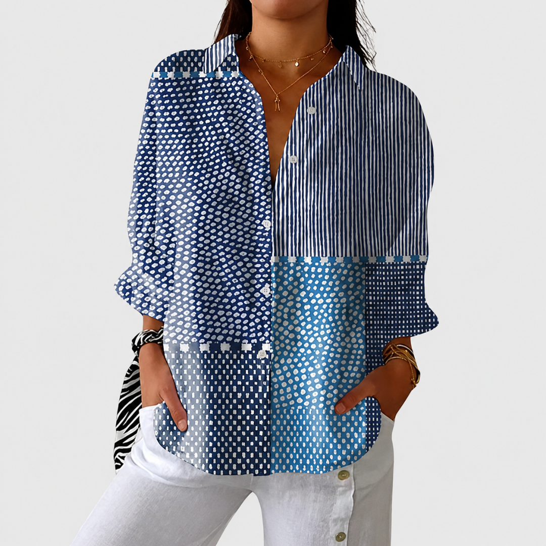 Blouse femme patchwork à col classique boutonné
