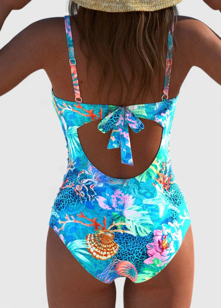 Maillot de Bain Une Pièce Femme Col V Croisé Imprimé Marin Tropical Froncé