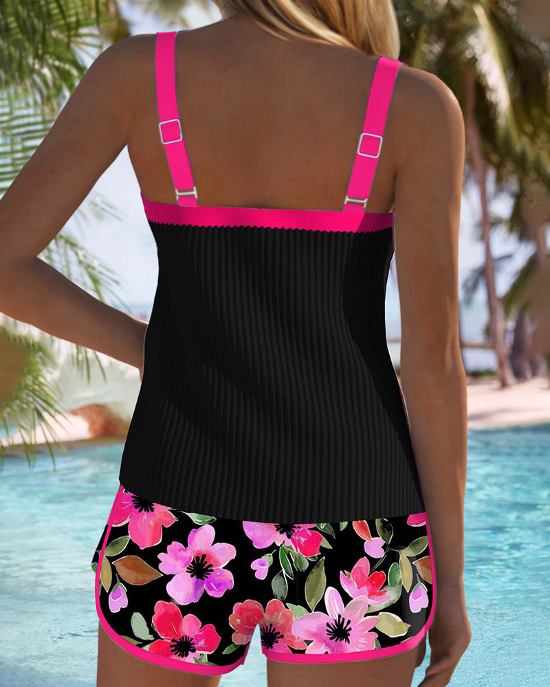 Tankini Deux Pièces Femme Top Côtelé Short Floral Liseré Orange Contrasté