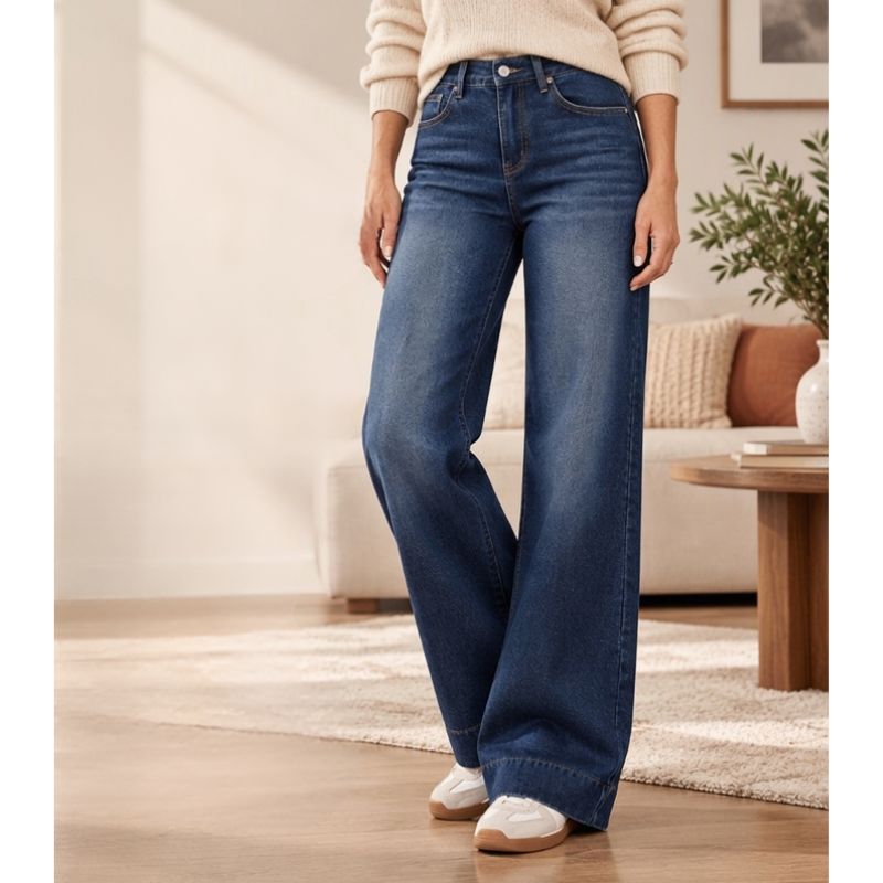 Jean large femme taille haute en denim délavé