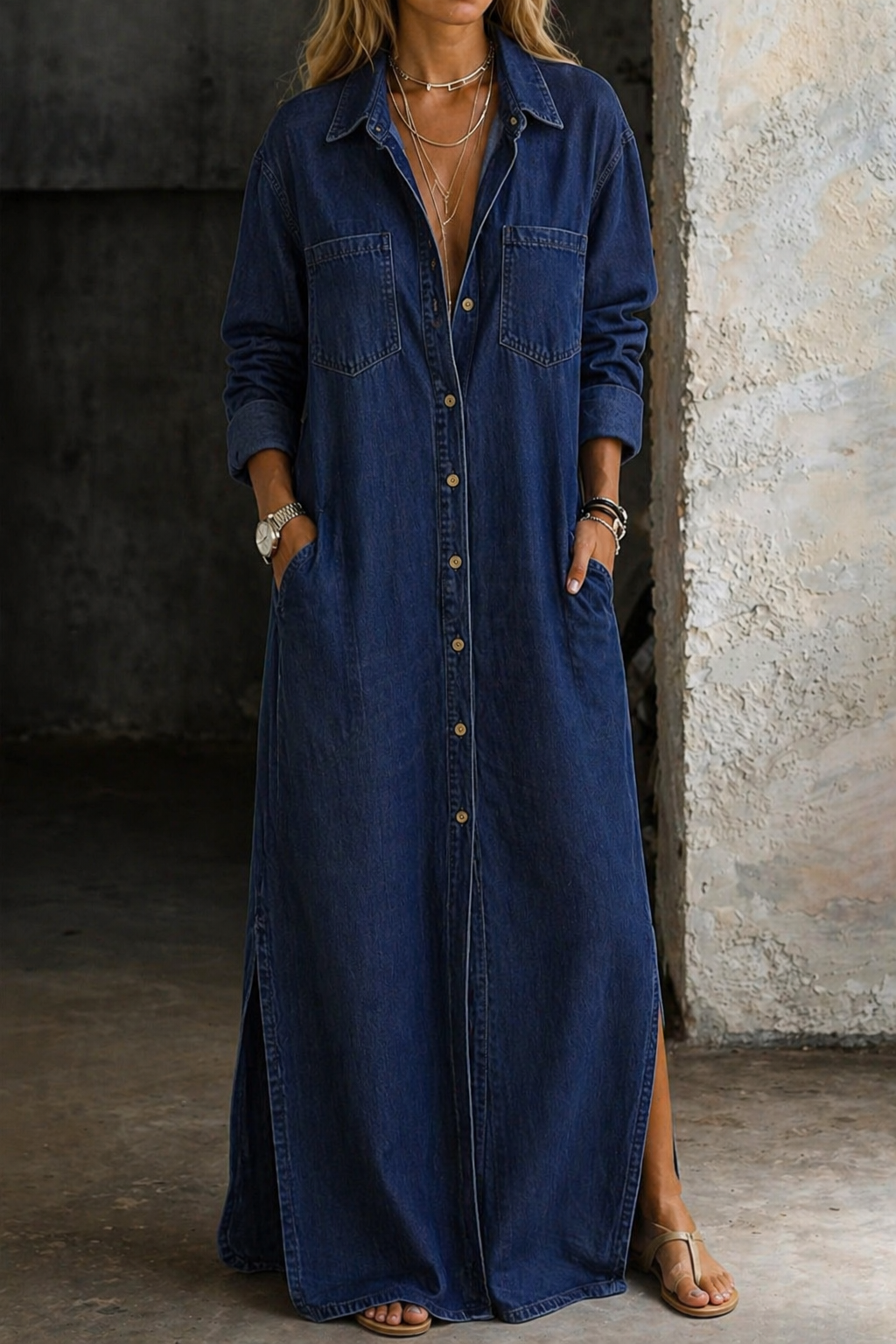 Robe chemise femme longue en denim léger avec boutons