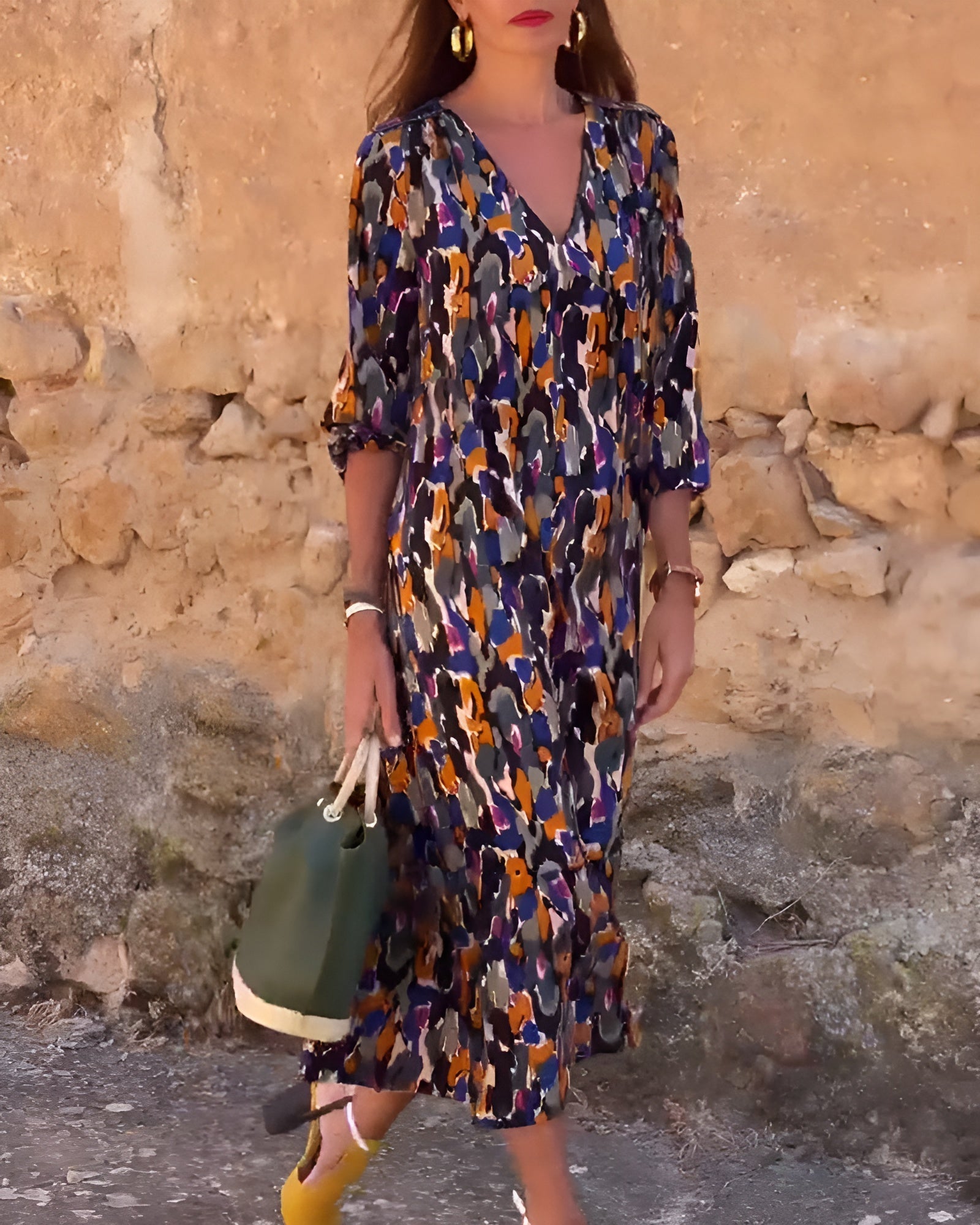 Robe Femme Imprimée Col V Coupe Fluide Tissu Léger Style Rétro Quotidien