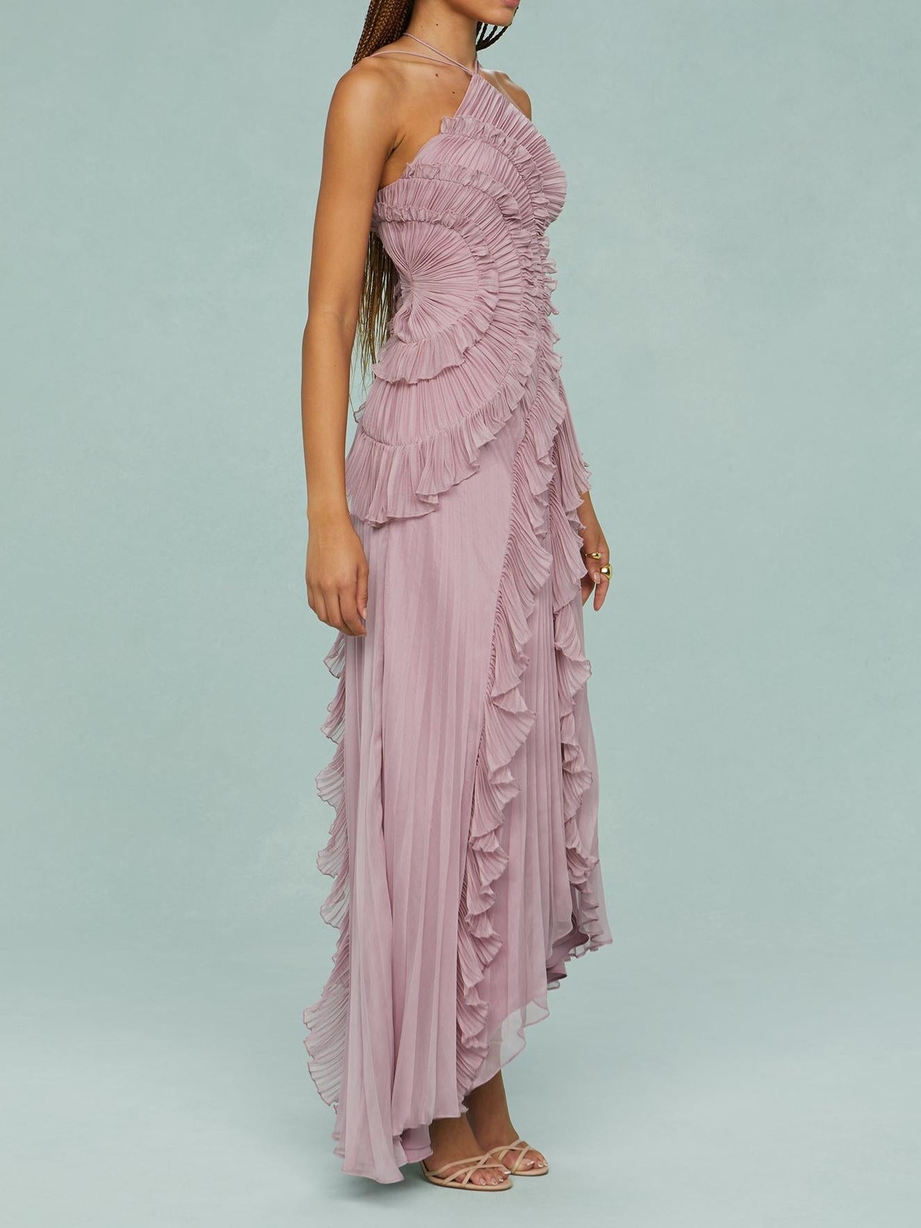 Robe Longue Plissée Femme avec Volants Asymétriques Élégants