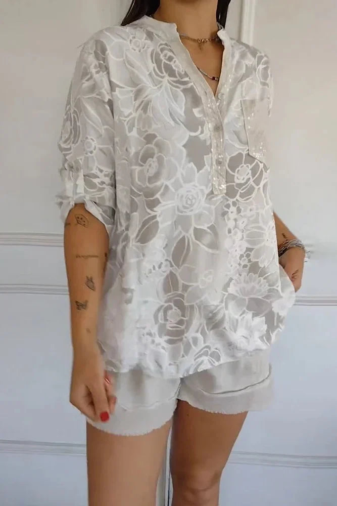 Chemisier femme en dentelle florale à manches courtes
