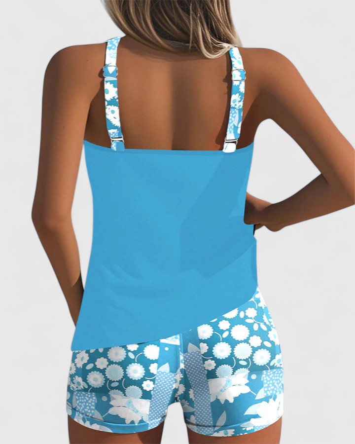 Tankini Deux Pièces Femme Top Uni Short Floral Dos Nageur Sportif