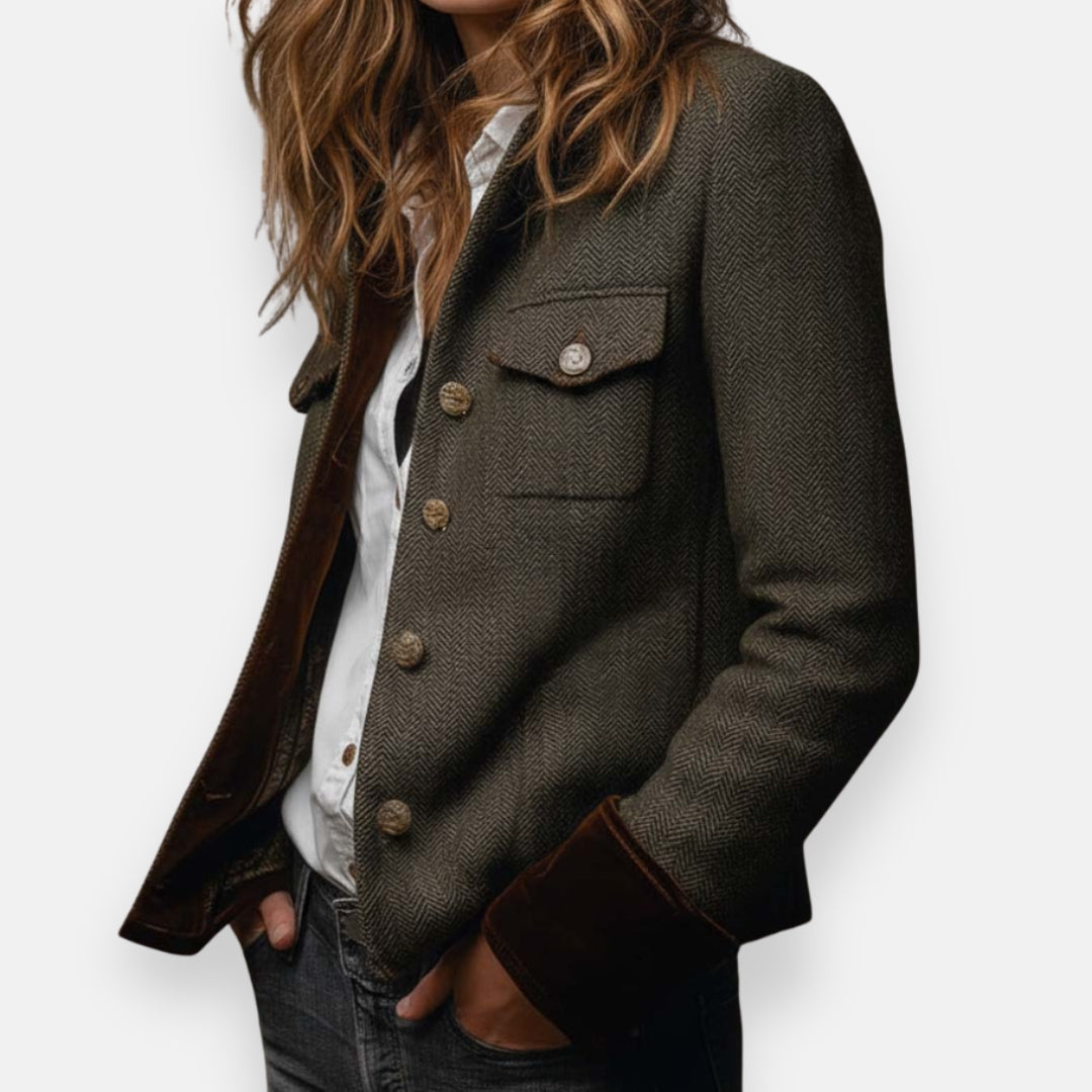 Veste en tweed pour femme avec bordure en velours – modèle élégant pour la mi-saison
