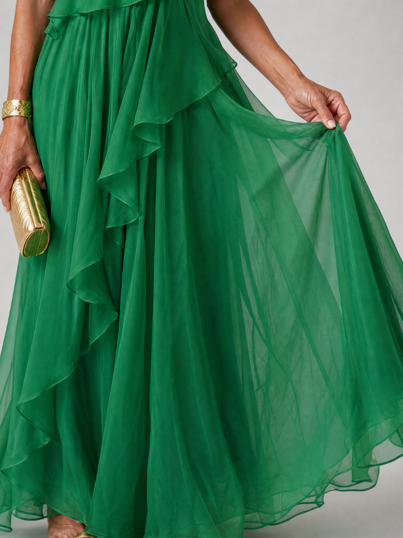 Robe maxi femme asymétrique à volants en mousseline