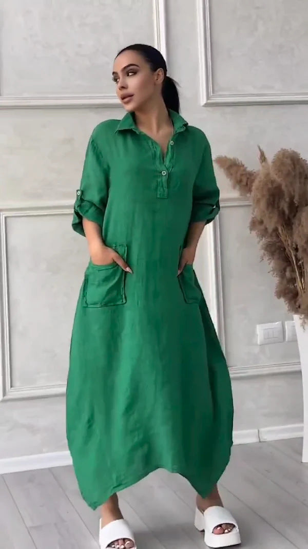 Robe Longue Femme Lin Coton Coupe Ample Col Revers Poches Style Décontracté