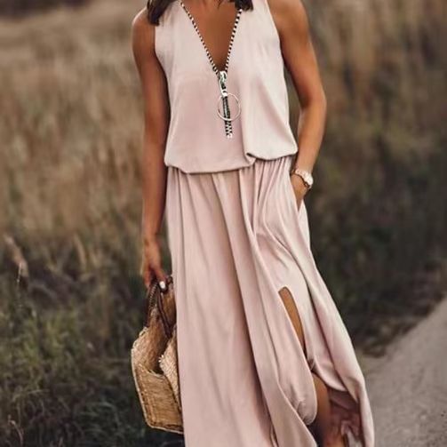 Robe Longue Femme Fluide Col V Zippé Coupe Ample Fendue Été