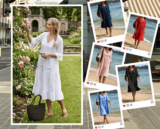 Robe midi femme en coton à col V et coupe fluide