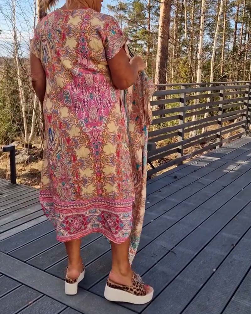 Robe Femme Midi Imprimée Col V Coupe Droite Confort Été