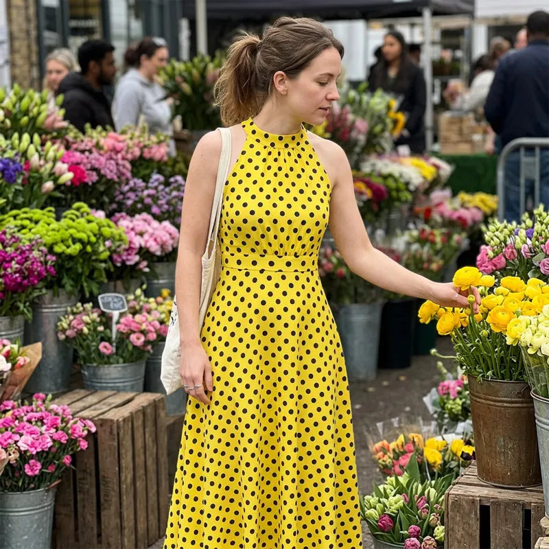 Robe maxi femme à pois avec col halter
