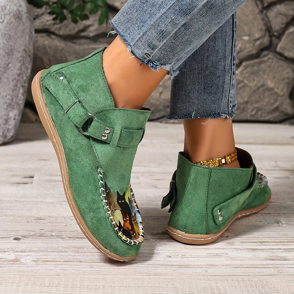 Mocassins femme imprimé chat à enfiler