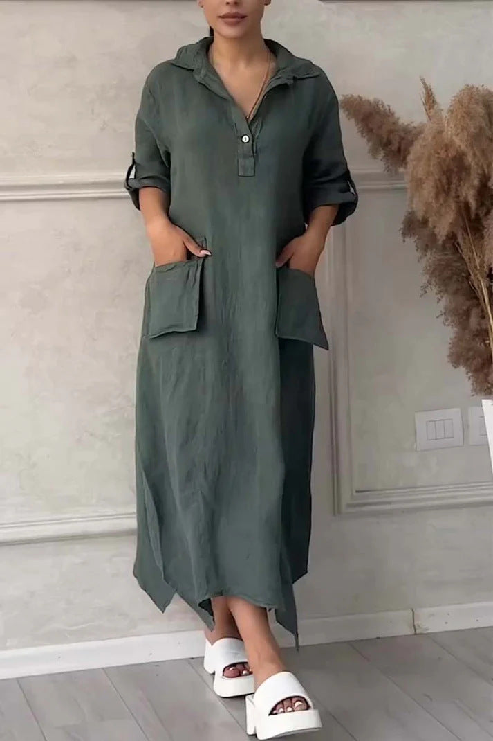 Robe Longue Femme Lin Coton Coupe Ample Col Revers Poches Style Décontracté