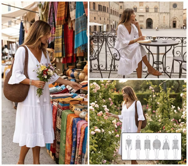 Robe midi femme en coton à col V et coupe fluide