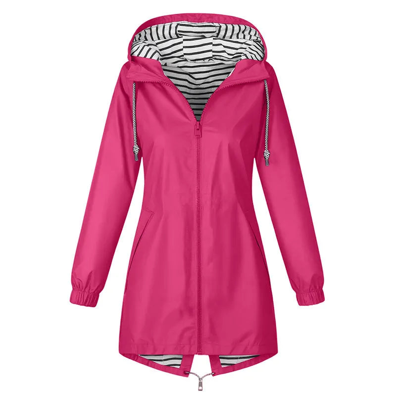 Imperméable femme long à capuche et doublure rayée