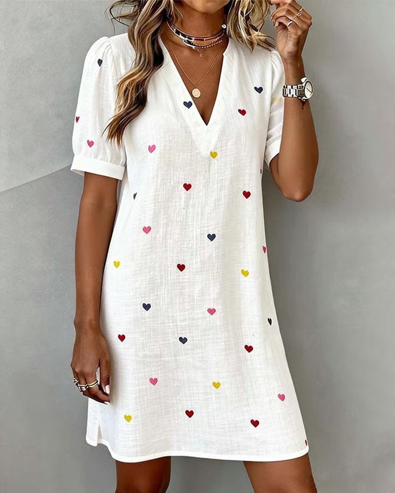 Robe Courte Femme Col V Imprimé Cœurs Coton Lin Manches Bouffantes