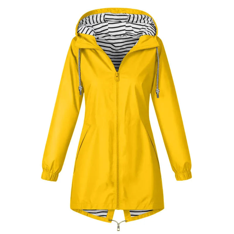 Imperméable femme long à capuche et doublure rayée