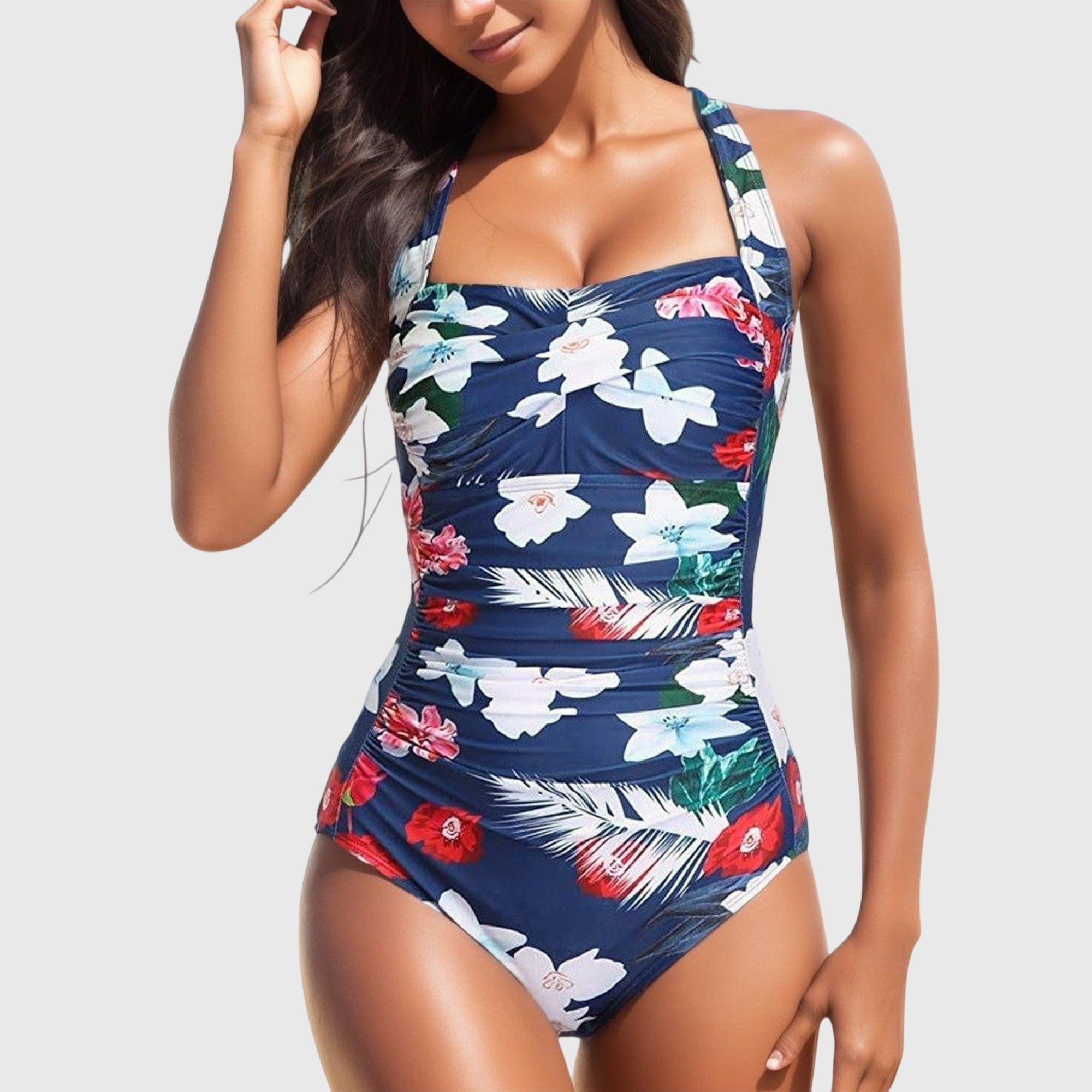 Maillot de bain une pièce femme imprimé tropical froncé col carré maintien