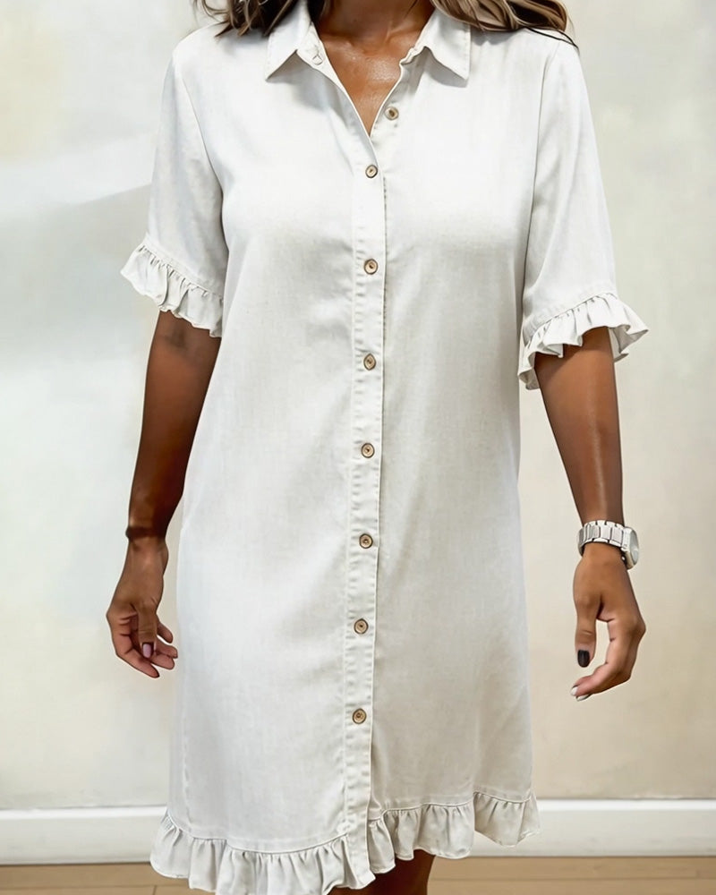 Robe femme en denim confortable avec boutons et détails volantés