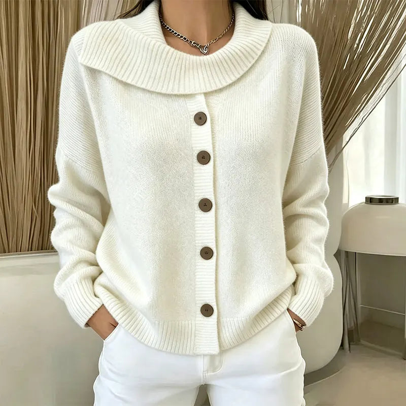 Cardigan femme boutonné en maille à col rabattu