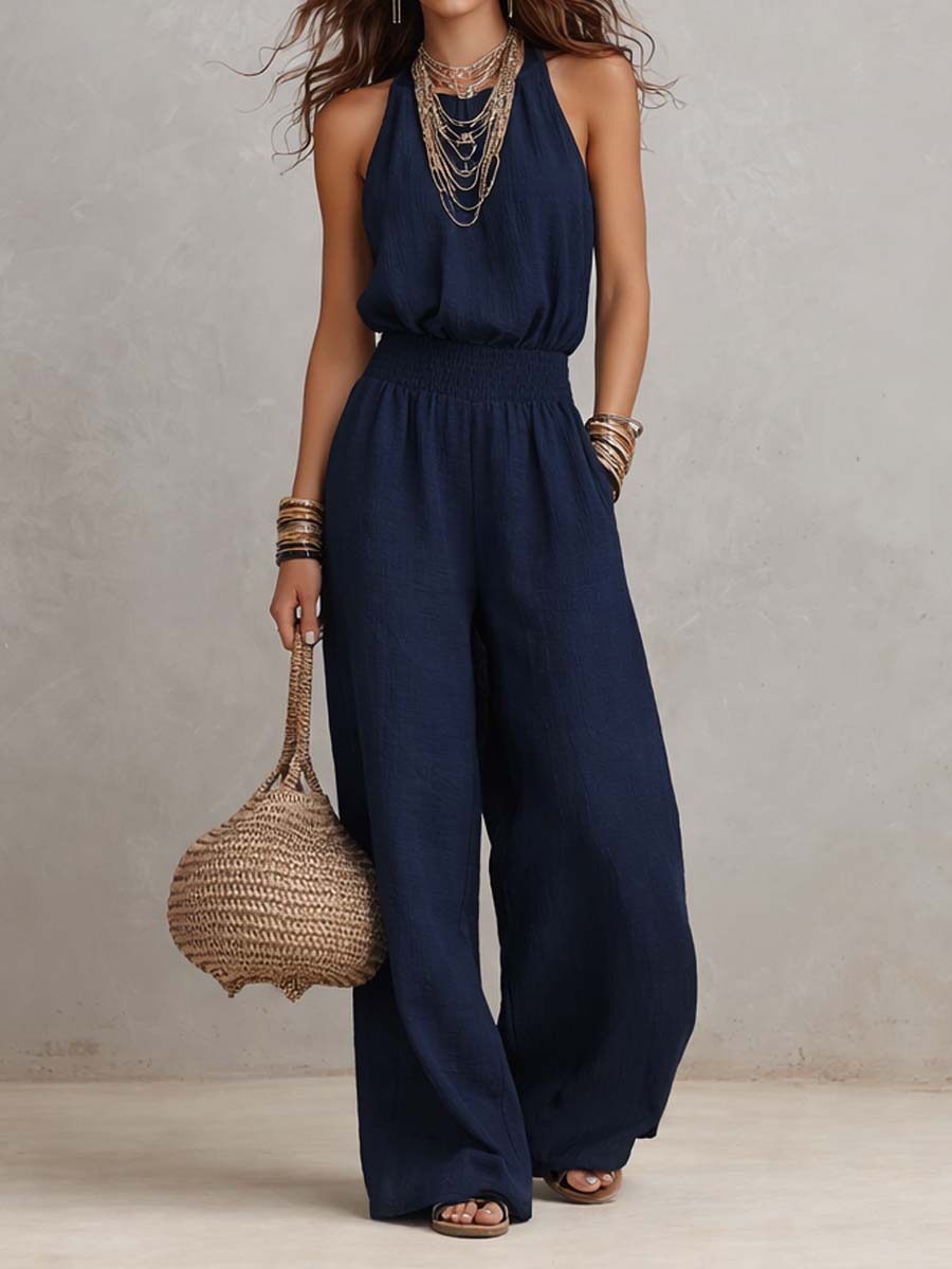 Combinaison femme halter fluide à jambes larges avec taille élastique