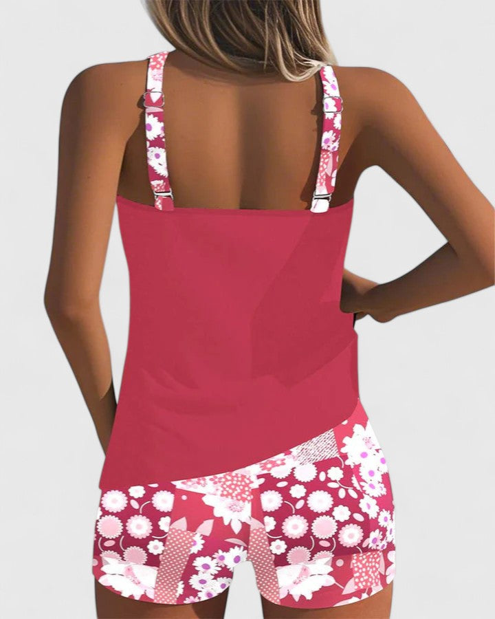 Tankini Deux Pièces Femme Top Uni Short Floral Dos Nageur Sportif