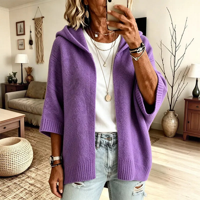 Cardigan femme en maille à capuche manches 3/4