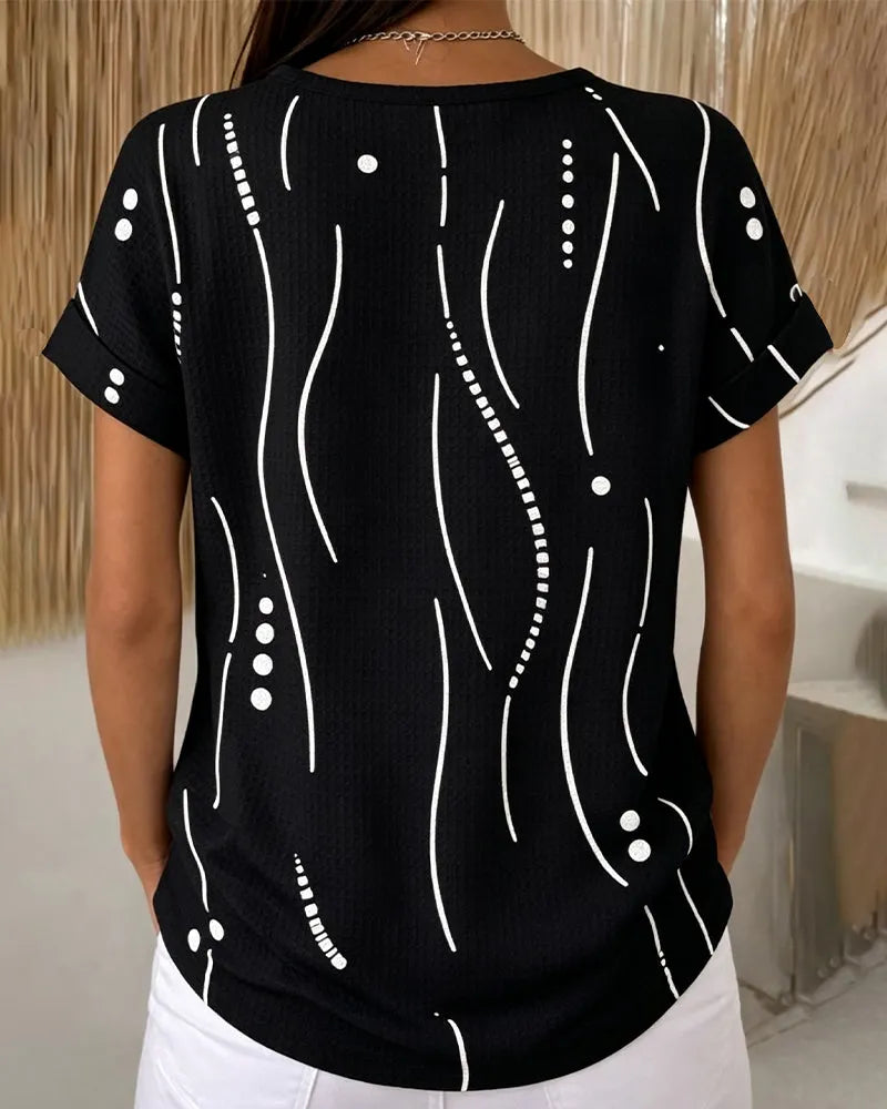 T-shirt femme imprimé à manches courtes avec boutons