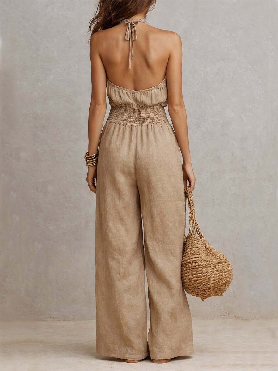 Combinaison femme halter fluide à jambes larges avec taille élastique