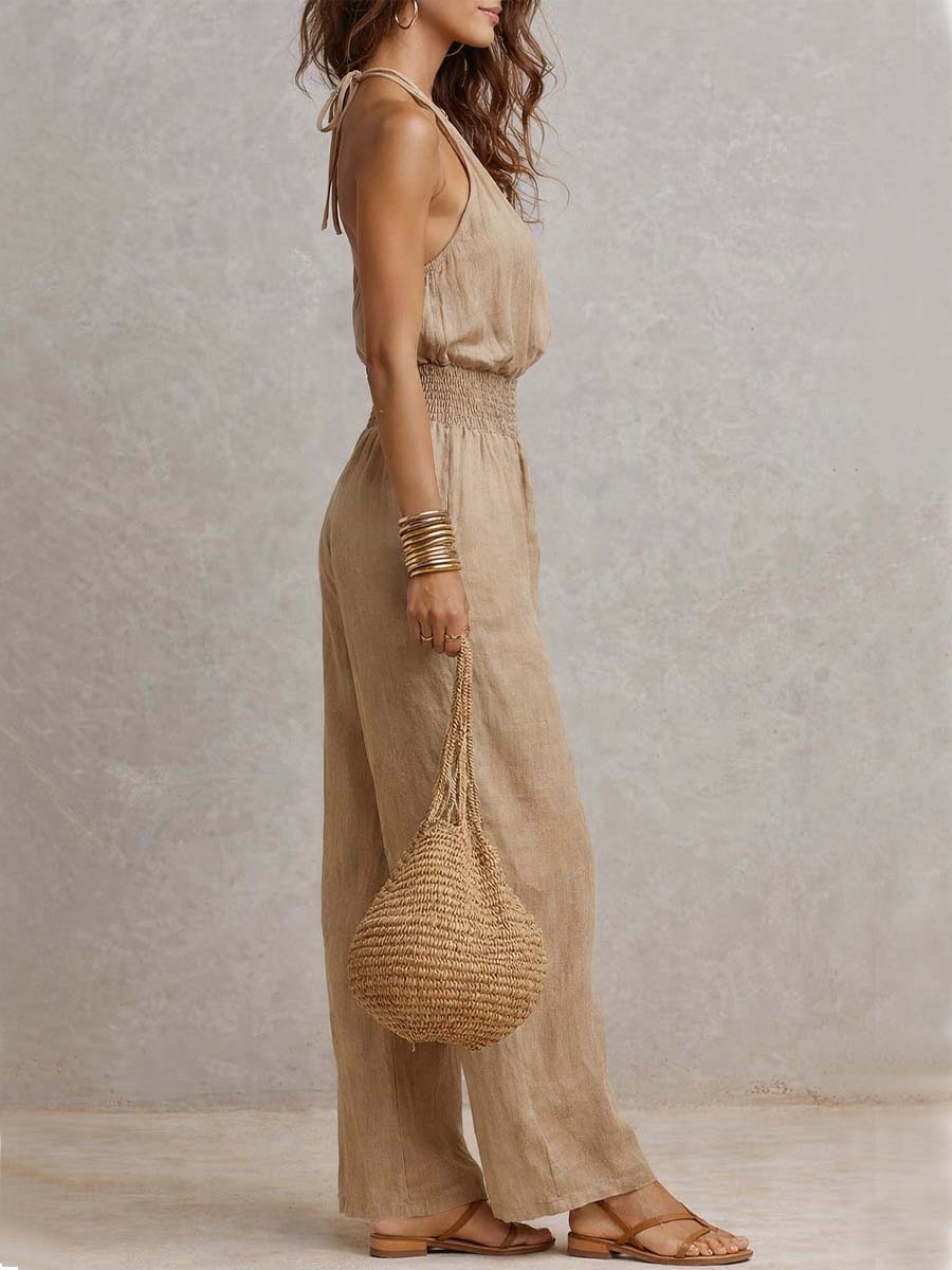 Combinaison femme halter fluide à jambes larges avec taille élastique