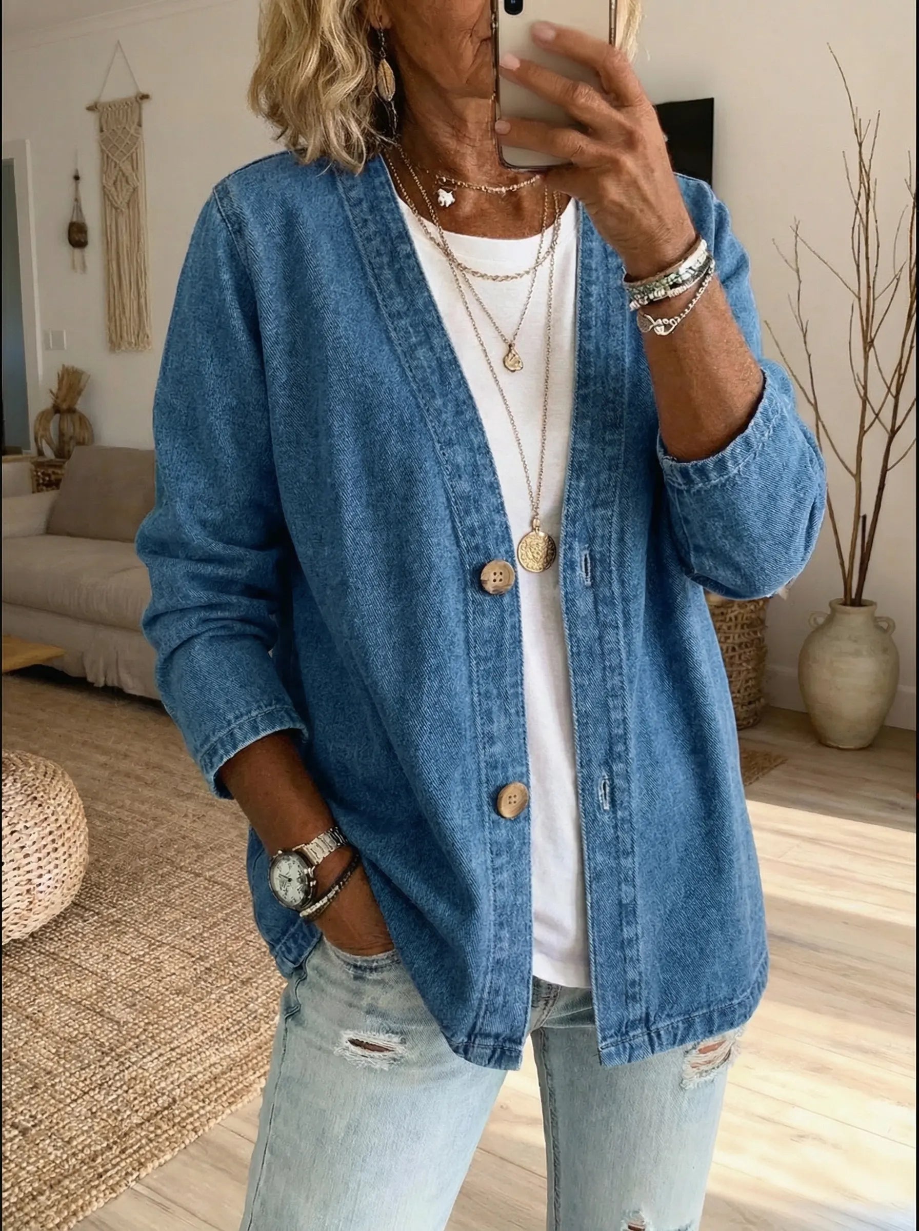 Veste Cardigan Femme Denim Décontracté Boutonné Style Moderne