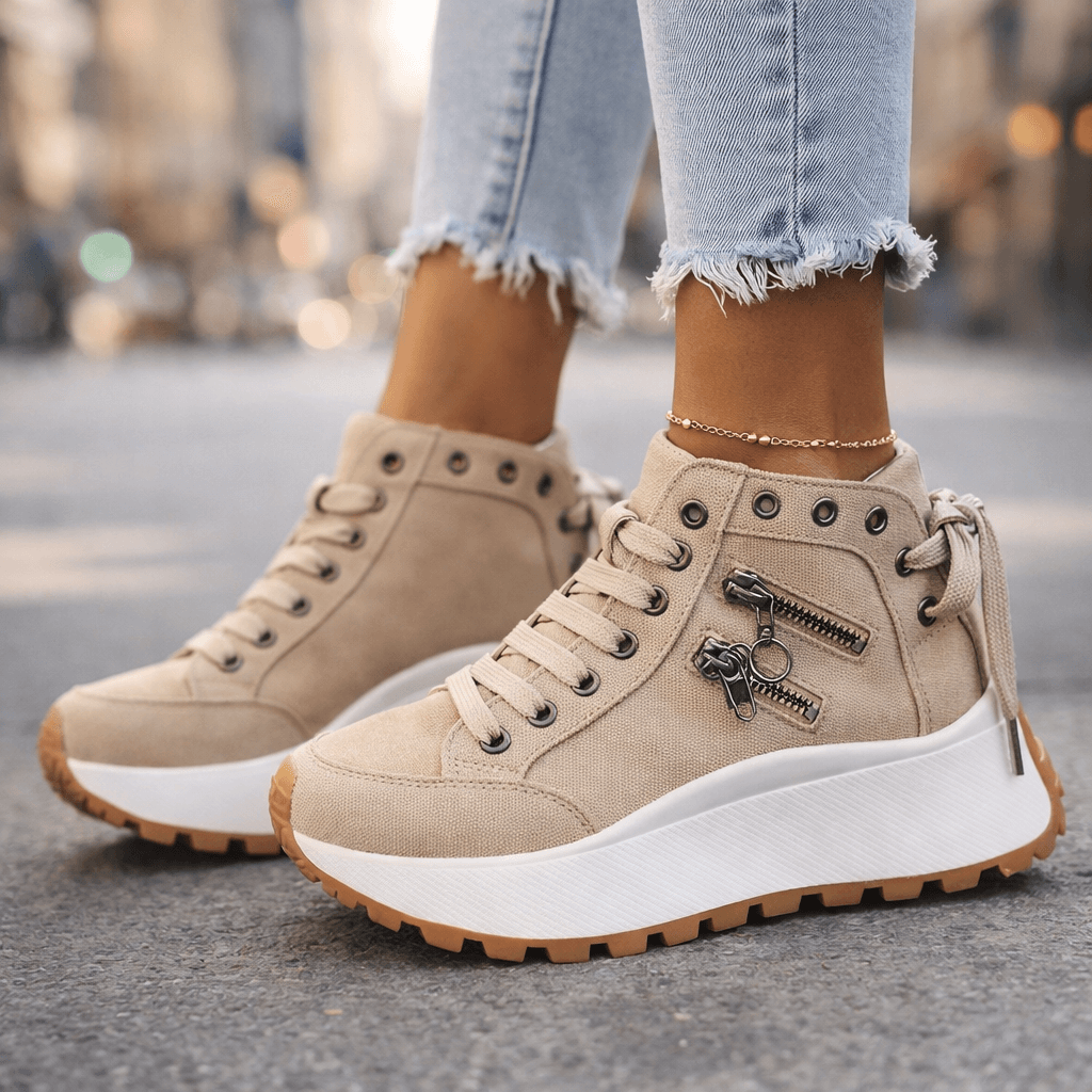 Baskets Femme Plateforme Denim avec Détails Zippés