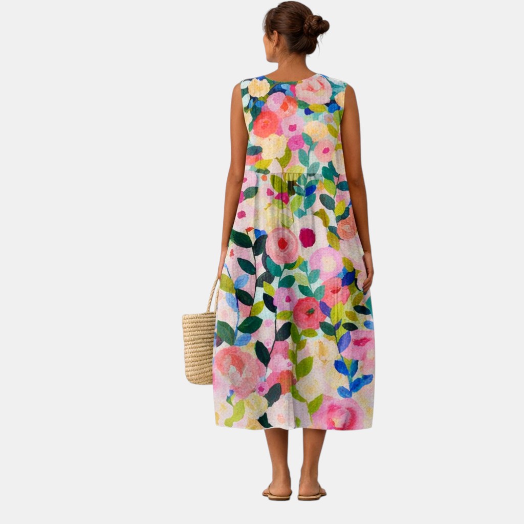 Robe midi femme fleurie sans manches en coton viscose