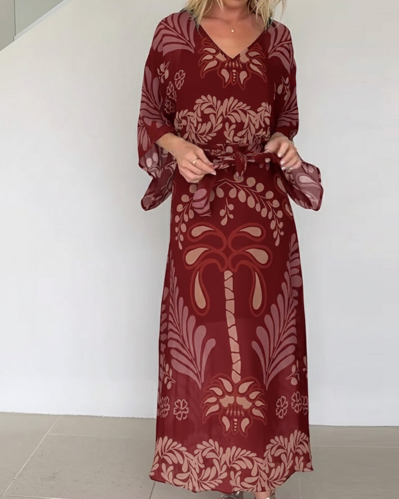 Robe Maxi Bohème Femme Col V Imprimé Feuilles Élégant