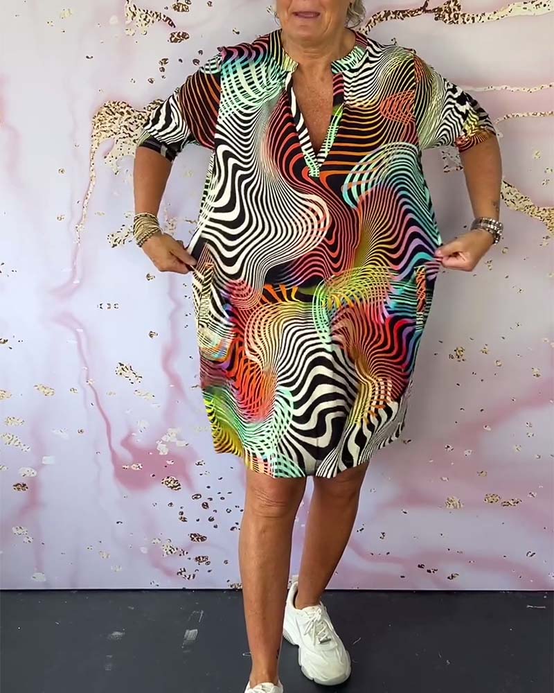Robe Femme Col V Zippé Imprimé Ondes Abstraites Multicolores Poches