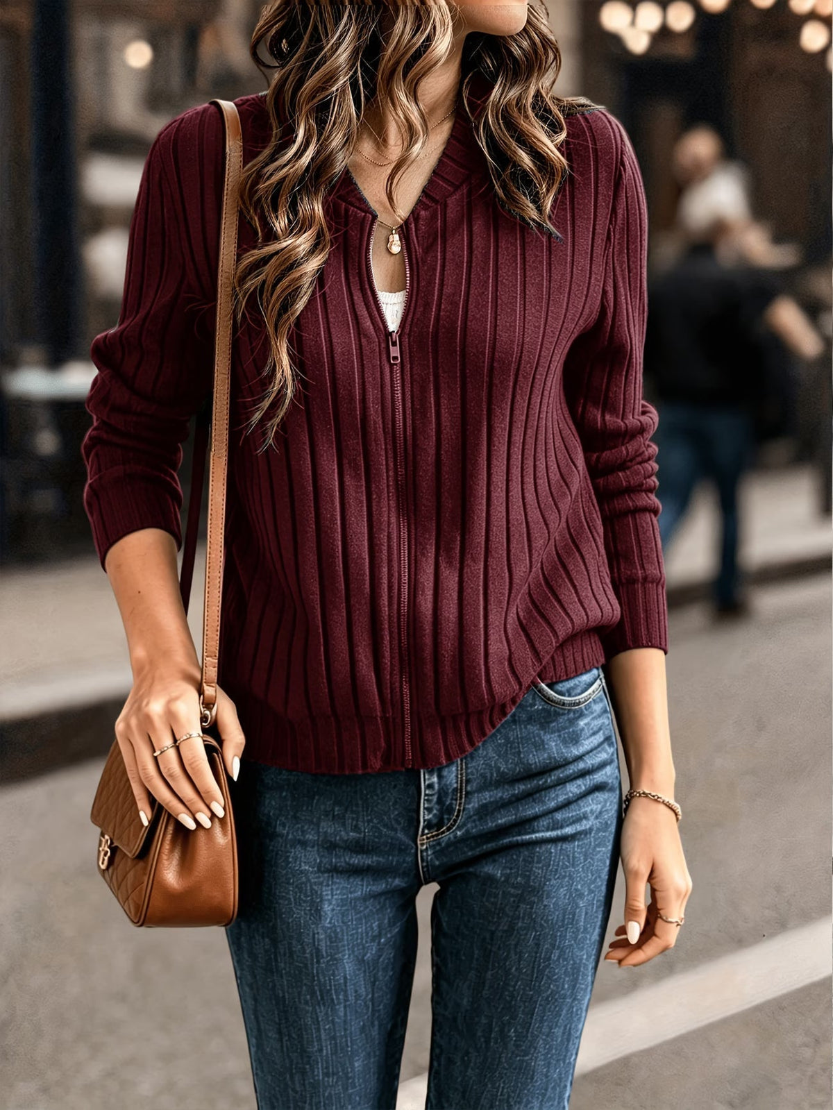 Cardigan femme côtelé avec fermeture zippée
