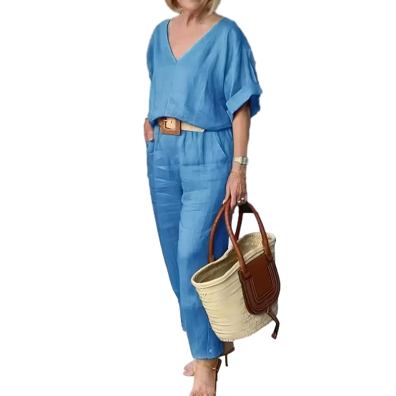 Ensemble Femme Col V Pantalon Ample Style Décontracté