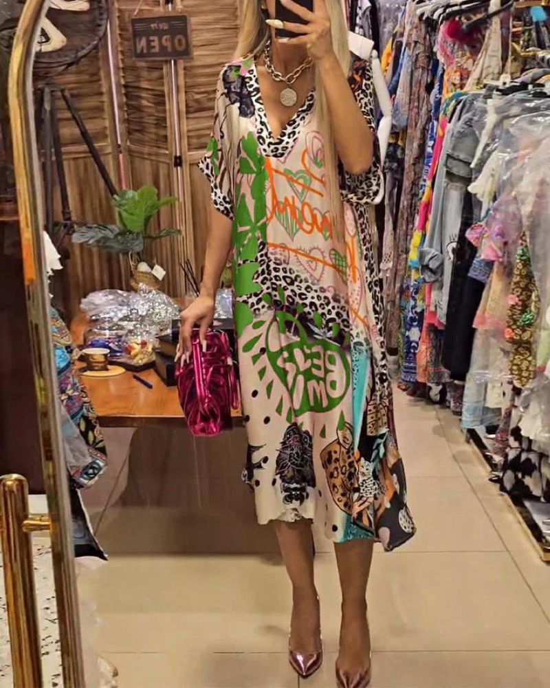 Robe Femme Imprimé Léopard Coloré Coupe Ample Col V Style Décontracté