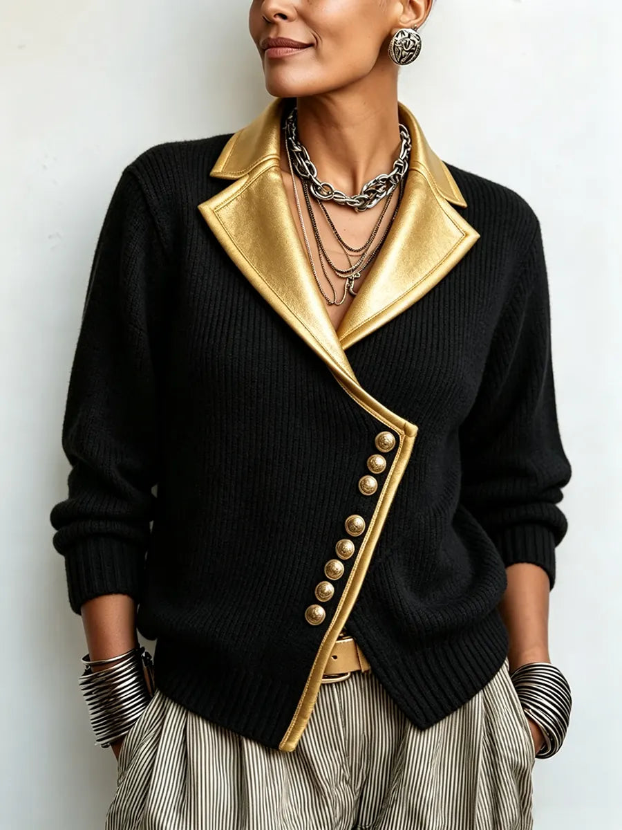Cardigan femme en maille côtelée à col châle et boutons dorés