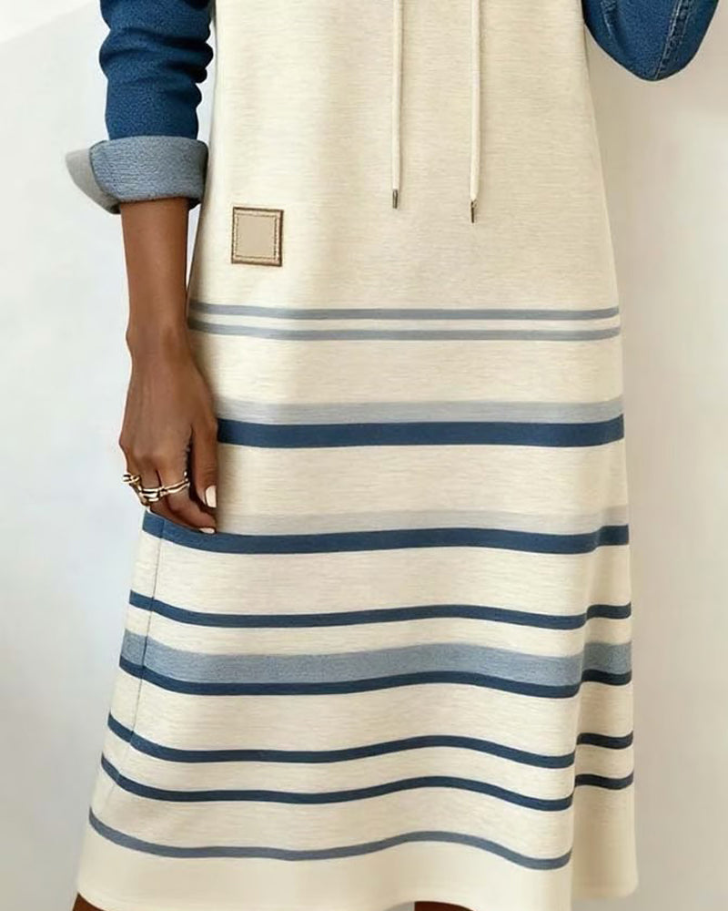 Ceralyn - Robe Décontractée À Capuche Et Motif Rayé Patchwork