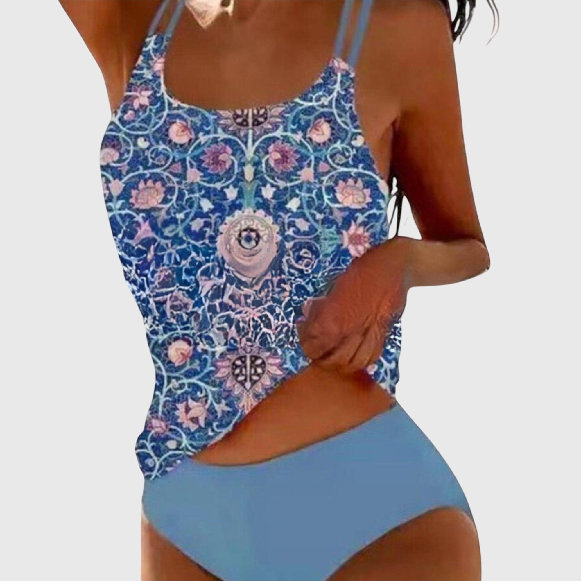 Tankini Deux Pièces Femme Imprimé Floral Oriental Bretelles Doubles Bas Uni
