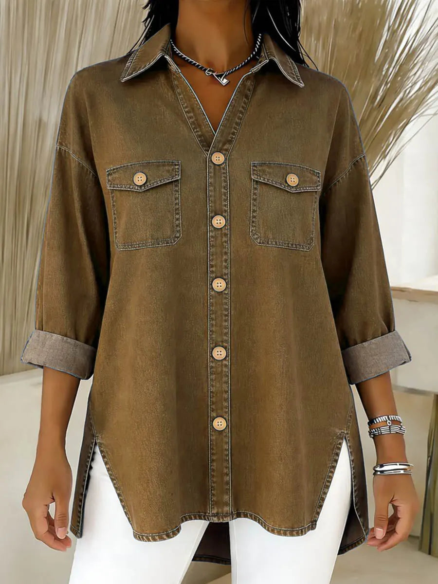 Chemise longue femme en denim à coupe ample et poches