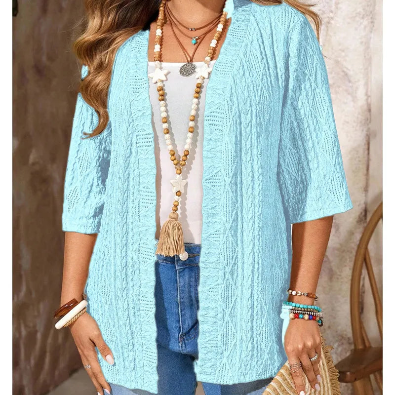 Cardigan femme ajouré ouvert à manches 3/4