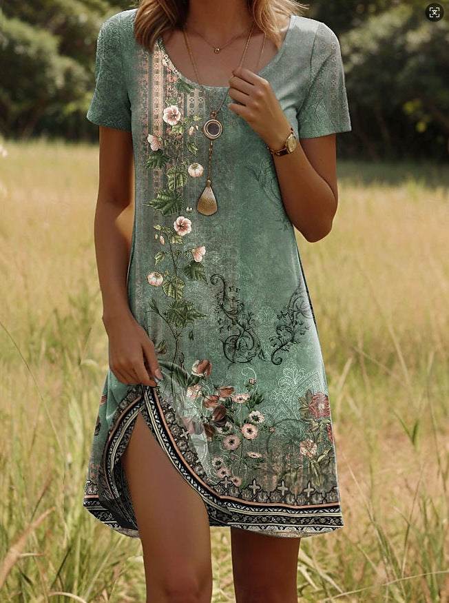 Robe femme manches courtes à col rond imprimé ethnique – style été fluide