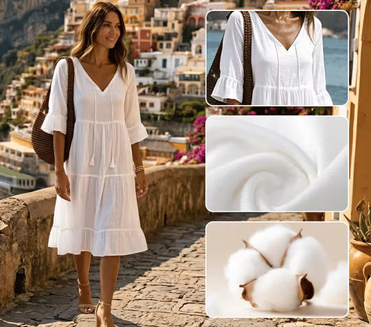 Robe midi femme en coton à col V et coupe fluide