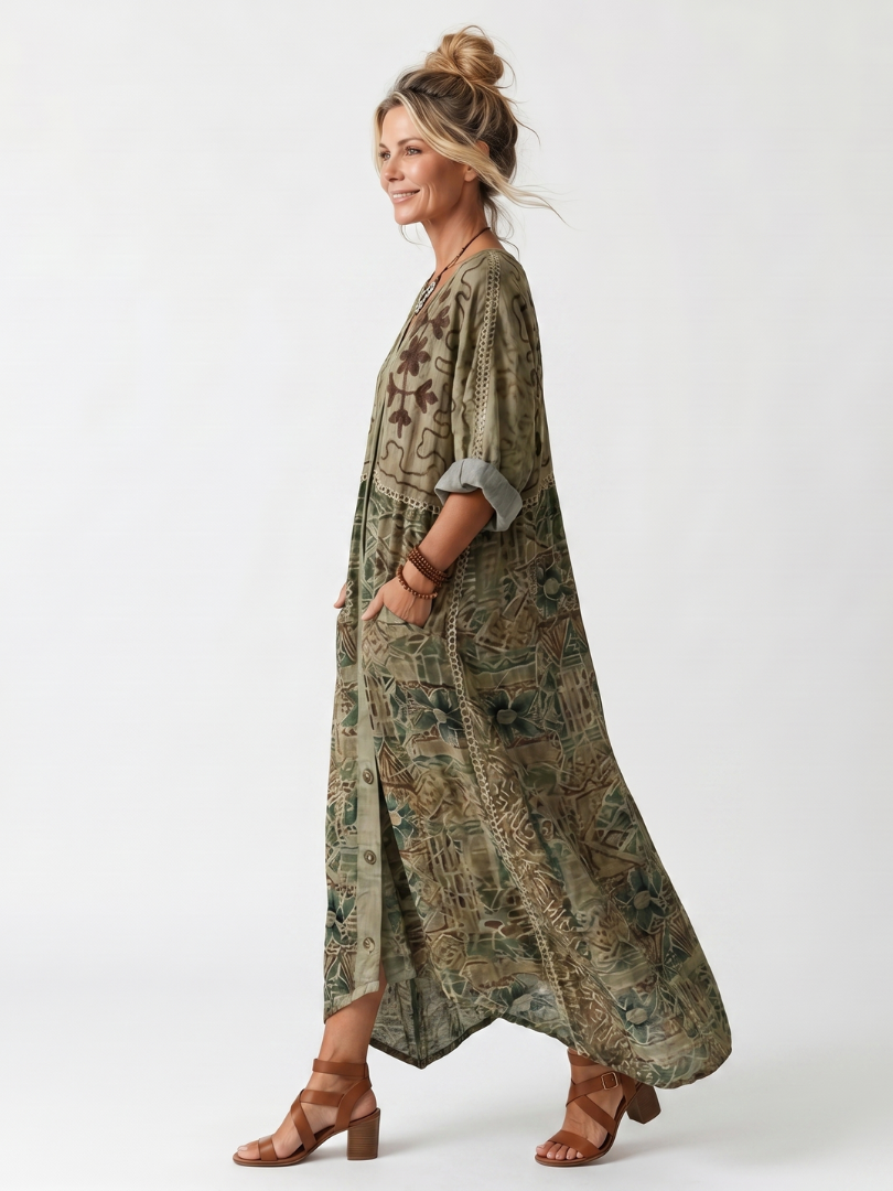 Robe midi bohème femme boutonnée à imprimé floral