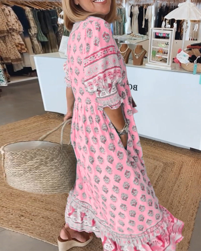 Robe femme midi fluide imprimée col V manches lanterne ample décontractée