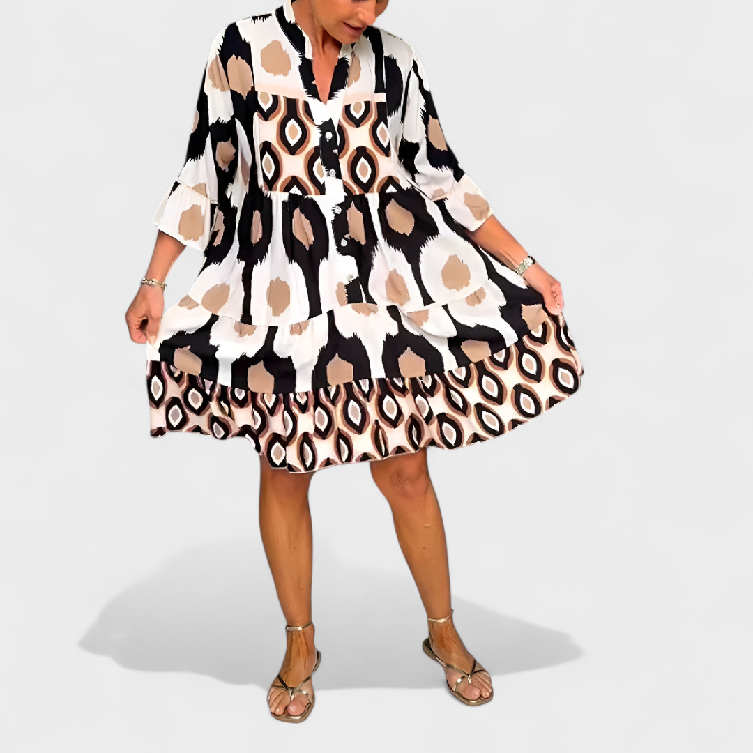 Robe Femme Ample Col V Boutonné Imprimé Géométrique Ikat Manches 3/4