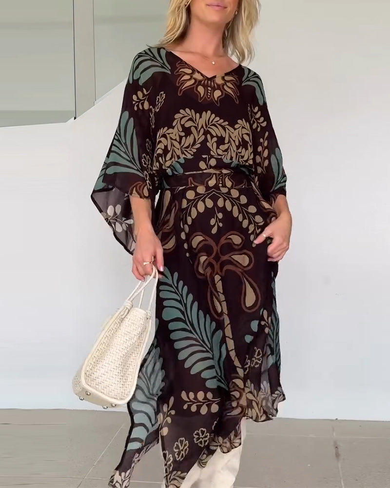 Robe Maxi Bohème Femme Col V Imprimé Feuilles Élégant